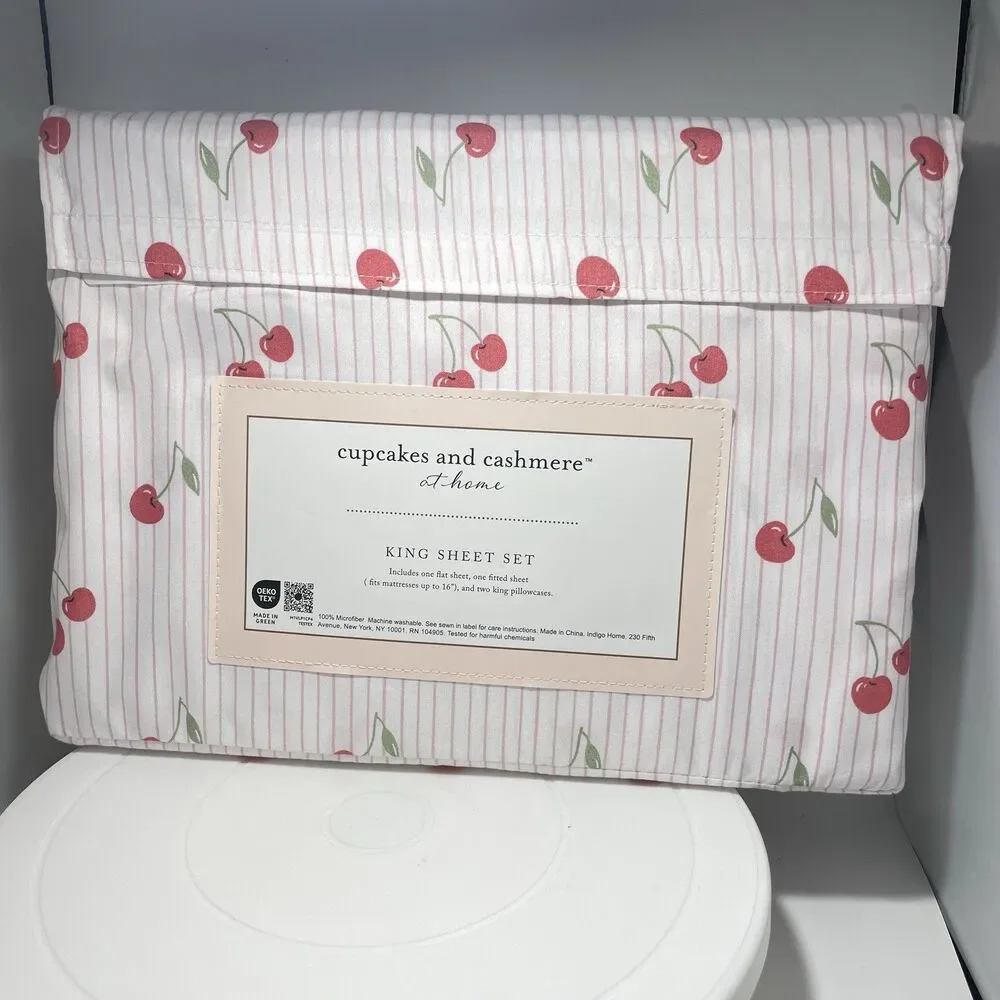 Cupcakes & Cashmere King Sheet Set Cherry Print Pink Stripe 4 Pc Microfiber New